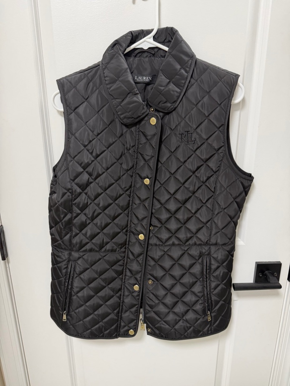 Ralph Lauren Black Quilted Diamond-Pattern Vest with Gold Hardware